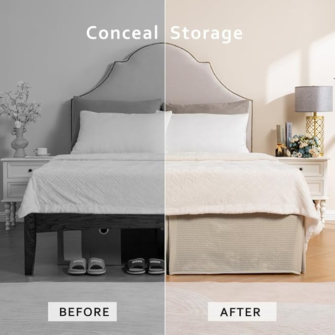 MIYE Pleated Waffle Weave Bed Skirt, Tailored Dust Ruffle 12 Inch Drop Easy Fit, Machine Washable (Navy Blue, Twin - 12" Drop)