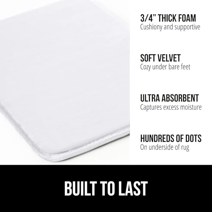 GORILLA GRIP Thick Memory Foam Bath Rugs, Soft Absorbent Velvet Bathroom Mats, Durable Dots on Underside, Machine Washable Bathmat, Carpet Rug Room Decor for Shower Floor, 24x17 Mat, White