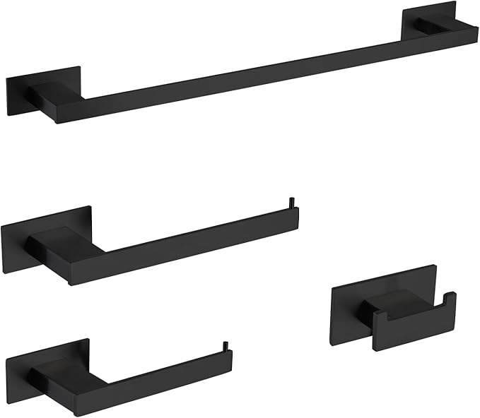 4-Pieces Bathroom Hardware Accessories Set, Towel Rack Towel Bar Toilet Paper Holder Towel Hook Self Adhesive Stainless Steel Towel Rack Set for Bathroom Wall Mounted, Matte Black 23 Inch