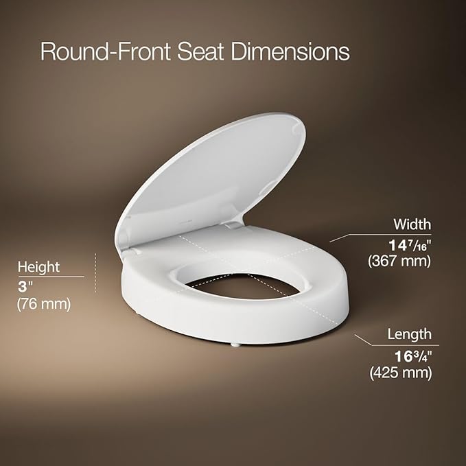 KOHLER 25876-0 Hyten 3" Height, Elevated Soft Close Round Toilet Seat, Contoured Seat with Grip-Tight Bumpers, Quick-Attach Hardware, White