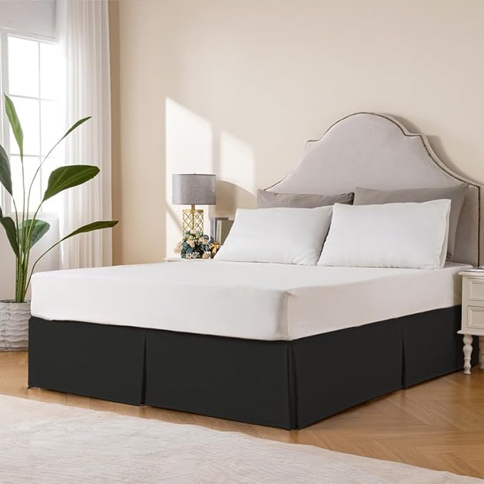 MIYE Pleated Waffle Weave Bed Skirt, Tailored Dust Ruffle 16 Inch Drop Easy Fit, Machine Washable (Black, King - 16" Drop)