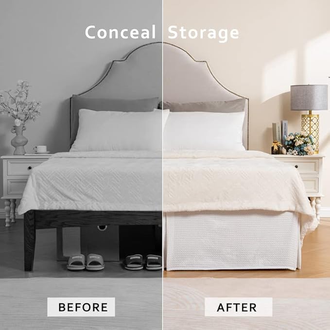 MIYE Pleated Waffle Weave Bed Skirt, Tailored Dust Ruffle 22 Inch Drop Easy Fit, Machine Washable (White, Full - 22" Drop)