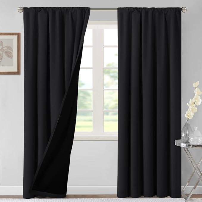 H.VERSAILTEX 100% Blackout Curtains for Bedroom Thermal Insulated Blackout Curtains 96 Inches Long Rod Pocket Window Drapes for Living Room with Black Liner 2 Panels Set, Jet Black