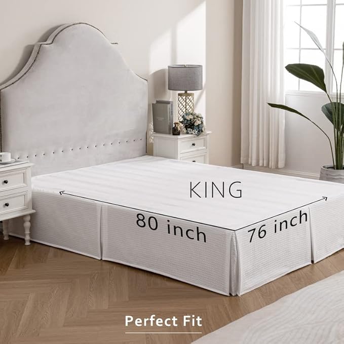 MIYE Pleated Waffle Weave Bed Skirt, Tailored Dust Ruffle 18 Inch Drop Easy Fit, Machine Washable (White, King - 18" Drop)