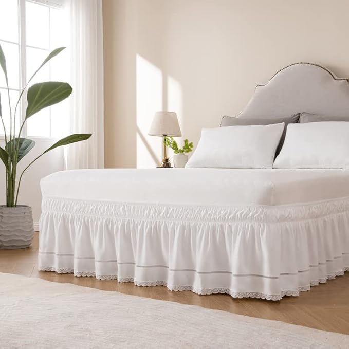 MIYE Wrap Around Ruffled Lace Bed Skirt, Elastic Dust Ruffle with Adjustable Belts, Easy to Put On, Bed Frame Cover, Machine Washable (Floral Lace/White, Full/Twin-18 Drop)