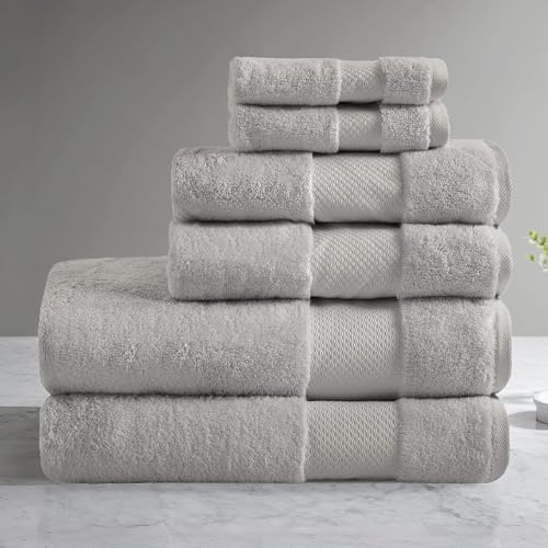 Madison Park Turkish 100% Cotton 600Gsm Luxury Premium Thick Soft Abosorbant Hotel Bathroom Towel Set Shower Hand Face Washcloths, Assorted Sizes, Grey 6 Piece