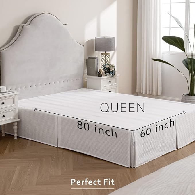 MIYE Pleated Waffle Weave Bed Skirt, Tailored Dust Ruffle 14 Inch Drop Easy Fit, Machine Washable,No Split Corners (White, Queen - 14" Drop)