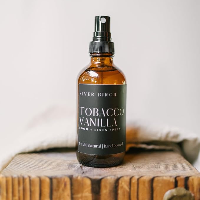 River Birch Luxury Linen and Room Spray - Tobacco Vanilla Home Signature Scent - Room Fragrance Spray - Fragrant Fresh Linen Air Freshener For Bedding - Handmade in Texas - 4 oz Glass Amber Bottle