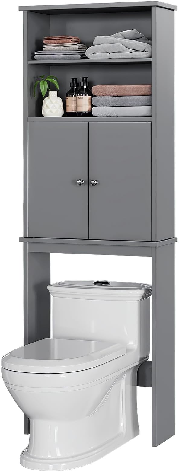 Meilocar Over The Toilet Storage Cabinet for Bathroom, 75in Over Toilet Cabinet Freestanding Storage Organizer, Space Saver with Doors and Adjustable Shelf, Grey