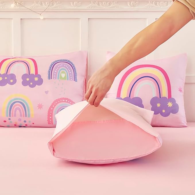 ANGIYUIN 6Pcs Girls Rainbow Comforter Set Queen Size Cute Clouds Kids Bedding Set Love Hearts and Stars Kid Bed Set for Girl Soft Lightweight Bed in A Bag with Sheets, Pink, Queen