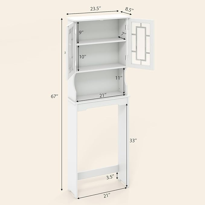 BestComfort Over The Toilet Storage Cabinet, Home Bathroom Space Saver Organizer Above Toilet, Double Doors and Adjustable Shelf, Wooden Freestanding Toilet Storage Rack Unit, 67 in H (White)