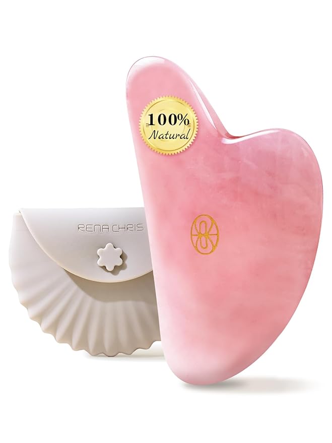 Rena Chris Gua Sha Facial Tools, Ergonomic Rose Quartz Guasha Tool for Face Massage, Manual Facial Massager Tool for Jawline Sculpting and Puffiness Reduction with Silicone Case (Pink)