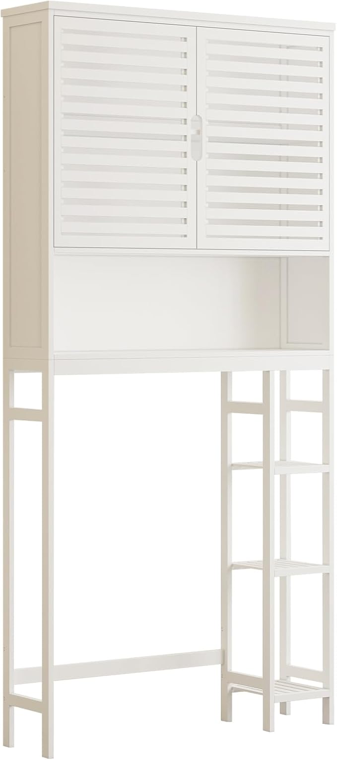 Over The Toilet Storage Cabinet, Bamboo Over Toilet Bathroom Organizer Cabinet with 2 Doors, Freestanding Home Space Save Toilet Rack for Restroom, Bathroom, Laundry, White