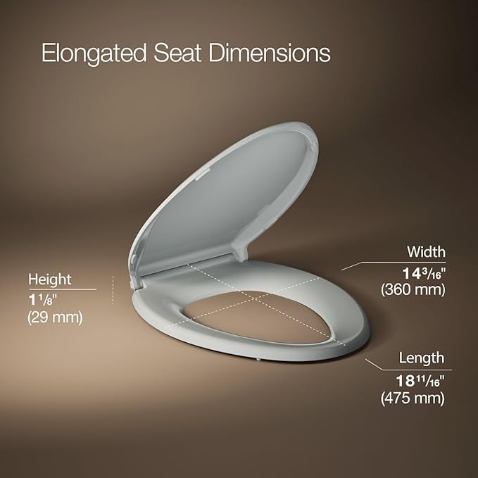 "KOHLER 4636-RL-95 Cachet ReadyLatch Elongated Toilet Seat Slow Close, Soft Close Toilet Seat Quiet Lid, Contoured Grip-Tight Bumpers Installation Hardware, Apartment Essentials, Ice Grey "
