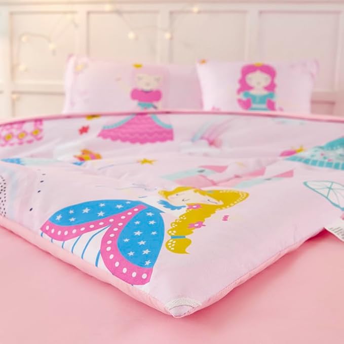 ANGIYUIN 6Pcs Pink Princess Kids Comforter Set Full Cute Rainbow Girl Bed in A Bag Fairy Tales Castle Bedding Set(1 Comforter, 1 Flat Sheet, 1 Fitted Sheet, 2 Pillowcases,1 Square Pillowcases)