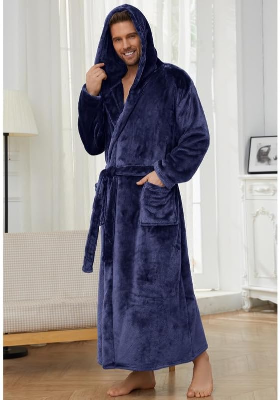 U2SKIIN Mens Robe with Hooded, Full Length Thickened Plush Robe Big and Tall Bathrobe