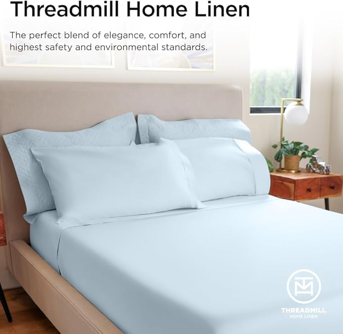 Threadmill 100% Cotton Sheets for King Size Bed - 600 Thread Count King Bed Sheets Set with 16” Deep Pocket - Sateen Weave 4-Piece Bedding Set with Cooling Effect, Blue