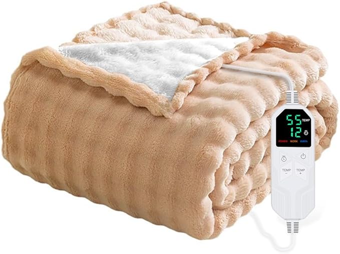 Heated Blanket Throw Blanket,Soft Bubble Fleece Fast Heating Electric Blanket,Heating Blanket with 8 Heat Levels 6 Hours Auto-Off Overheat Protection, Grandma Gift,Apricot Yellow,(Twin Size 62"x84")