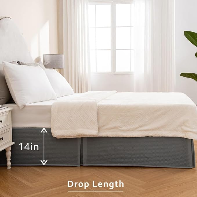 MIYE Pleated Waffle Weave Bed Skirt, Tailored Dust Ruffle 14 Inch Drop Easy Fit, Machine Washable (Dark Grey, Queen - 14" Drop)