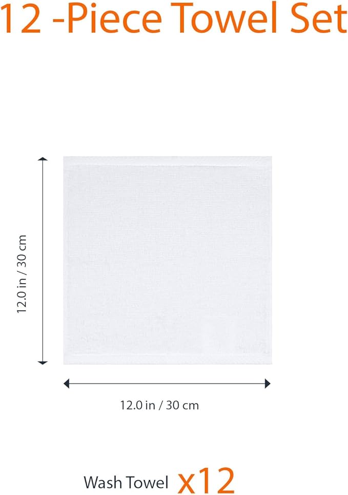 Amazon Basics Cotton Washcloths, Quick-Dry, 12" x 12", 12-Pack, White