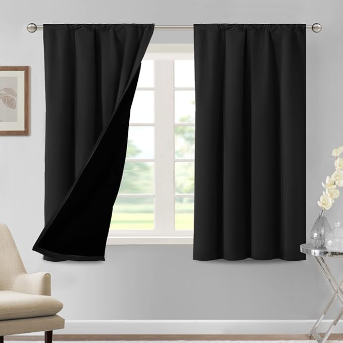 H.VERSAILTEX 100% Blackout Curtains for Bedroom 42 Inches Wide Thermal Insulated Blackout Curtains 54 Inches Long Rod Pocket Curtains for Kitchen with Black Liner 2 Panels Set, Jet Black