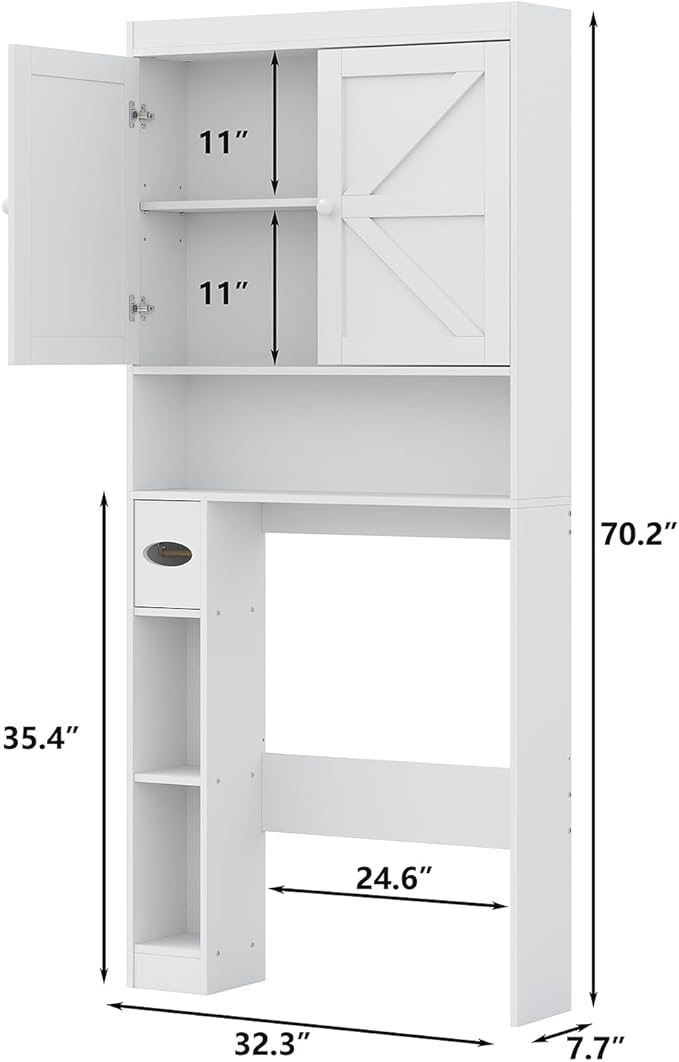 Furniouse Over The Toilet Storage Cabinet 32.3''W Wood Bathroom Storage Cabinet with Doors & Adjustable Shelves Free Standing Toilet Shelf, White