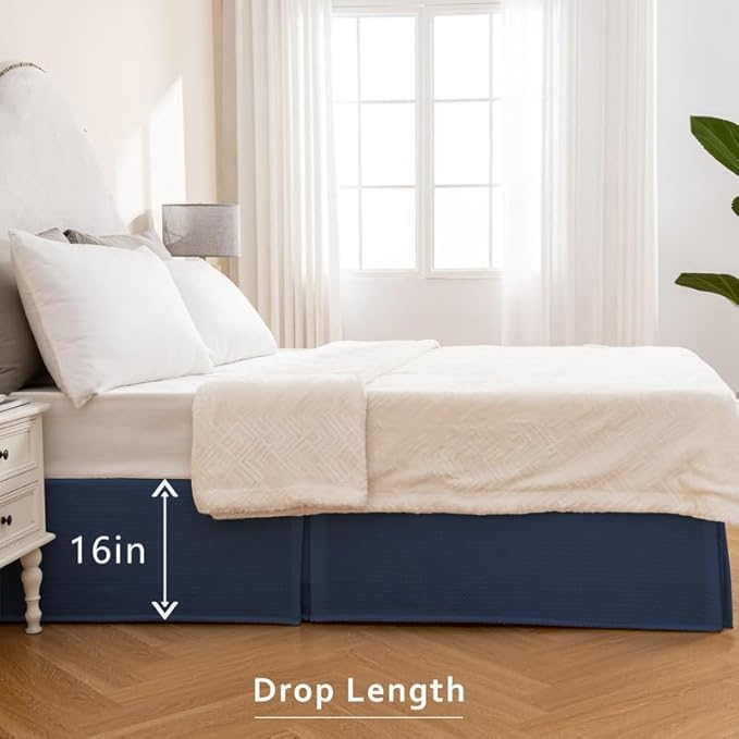 MIYE Pleated Waffle Weave Bed Skirt, Tailored Dust Ruffle 16 Inch Drop Easy Fit, Machine Washable (Navy Blue, Twin - 16" Drop)