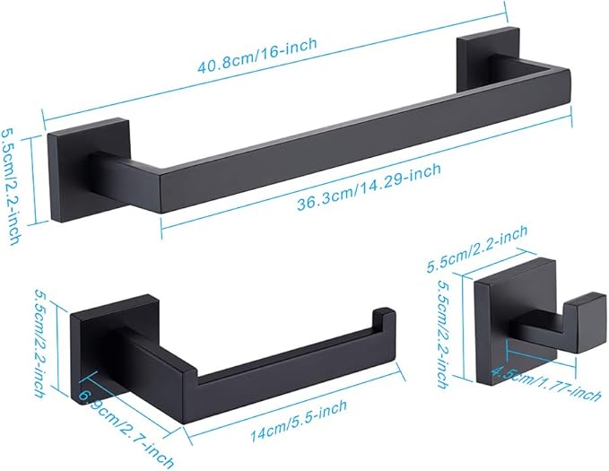 TASTOS 3-Piece Bathroom Hardware Set Matte Black Wall Mounted Bathroom Accessory Set, Premium Stainless Steel Robe Hook Toilet Paper Holder 16-Inch Towel Bar (Black)