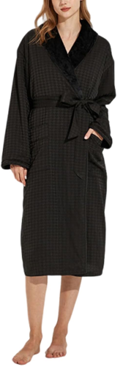 Women's Long Sleeve Fleece Robe with Pockets Jacquard Fluffy Plush Bathrobe