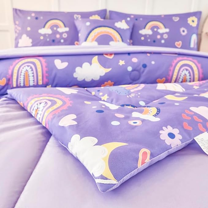 ANGIYUIN Purple Queen Size Comforter Set for Girls 6Pcs Kids Bed in A Bag Rainbow Bedding Comforter Set with Sheets Decorative Cloud, Love, Saleboat and Moon,Purple, Queen