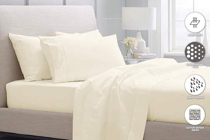 Pizuna Pure 100% Cotton King Size Sheets, 800 Thread Count Long Staple Cotton Crisp Sateen with 15in Deep Pocket (Combed New Ivory)