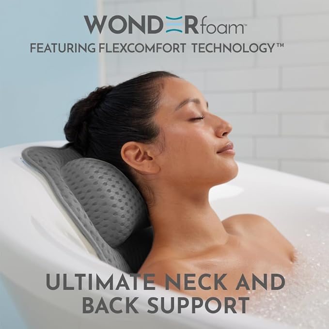 WONDERfoam Thick Padded Ergonomic Bath Pillow for Tub, Bathtub Headrest Neck and Back Support, Strong Suction Cups, Machine Washable Breathable Mesh Quick Dry Pillows, Luxury Spa Accessories, Gray