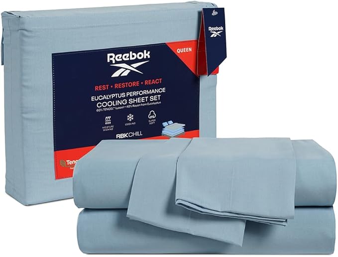 Reebok Full Size Sheet Set from Tencel Eucalyptus - Soft, Cooling & Breathable for Hot Sleepers, Deep Pocket Up to 17 Inches, 4Pc Hotel Luxury Bedding Set, Bedsheet & Pillowcases (Niagara Mist, Full)