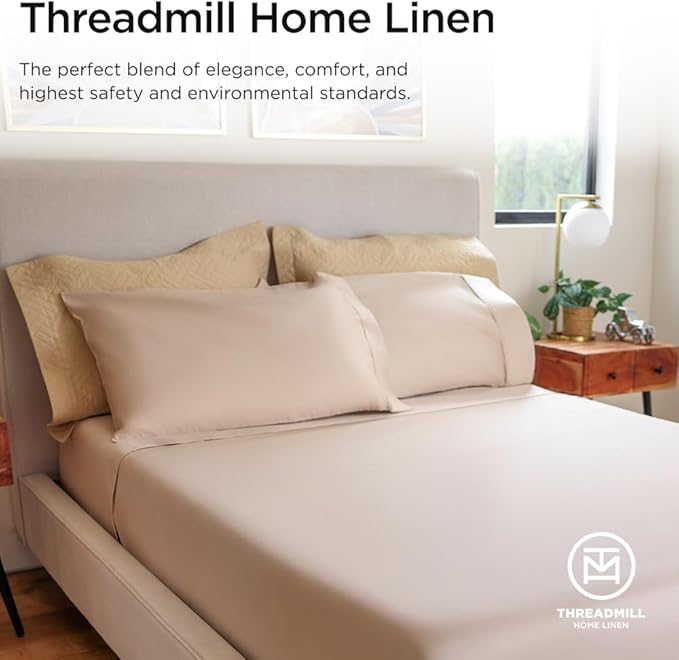 Threadmill Luxury 800 Thread Count Queen 100% Cotton Sheets - Light Beige Sateen Weave Bed-Sheets, Better Than Egyptian Cotton,4 Pc Solid Soft Bedding Set, Fits 16" Deep Pocket