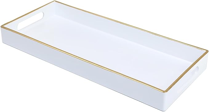 White Bathroom Vanity Tray for Countertop, Small Plastic Toilet Tank Versatile Storage & Organization Tray for Makeup, Perfume, Desk, Kitchen, Candles, 13.7"x6"x1.4", 35W