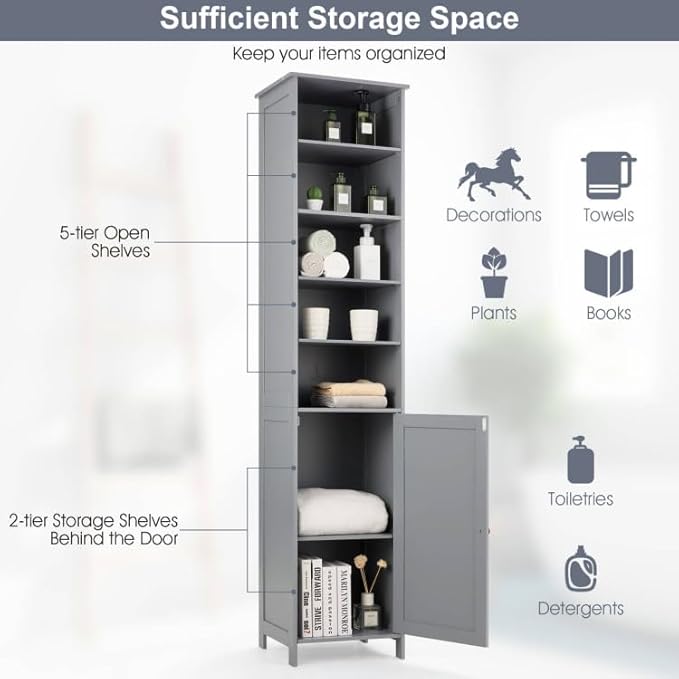 WATERJOY 72'' Tall Slim Bathroom Storage Cabinet with 3 Shelves & Door for Bathroom, Living Room