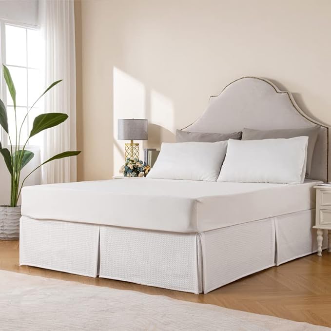 MIYE Pleated Waffle Weave Bed Skirt, Tailored Dust Ruffle 14 Inch Drop Easy Fit, Machine Washable (White, King - 14" Drop)