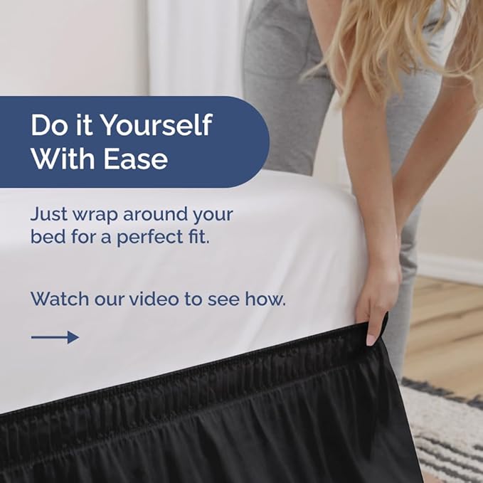 Wrap Around Dust Ruffle Bed Skirt - Black - for Full Size Beds with 21 Inch Drop - Easy Fit Elastic Strap - Adjustable Pleated Bedskirt w/Brushed Fabric - Wrinkle Free - for Women, Men, Kids & Teens