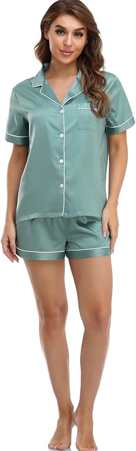 Women's Satin Pajama Set 2-Piece Sleepwear Loungewear Button Down Short Sleeve Silky PJ Set