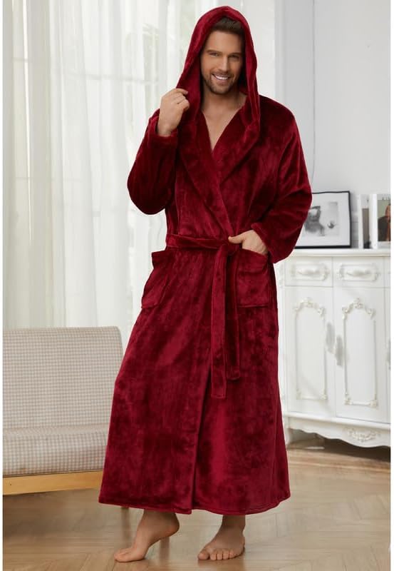 U2SKIIN Mens Robe with Hooded, Full Length Thickened Plush Robe Big and Tall Bathrobe