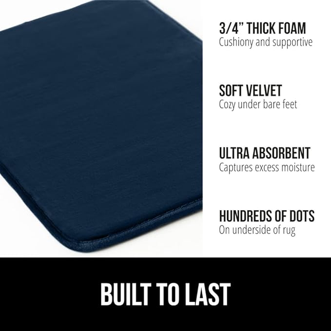 GORILLA GRIP Memory Foam Bath Rugs, Soft Absorbent Velvet Bathroom Mats, Durable Dots on Underside, Machine Washable Bathmat, Carpet Rug Room Decor for Shower Floor, 60x24 Mat, Navy Blue