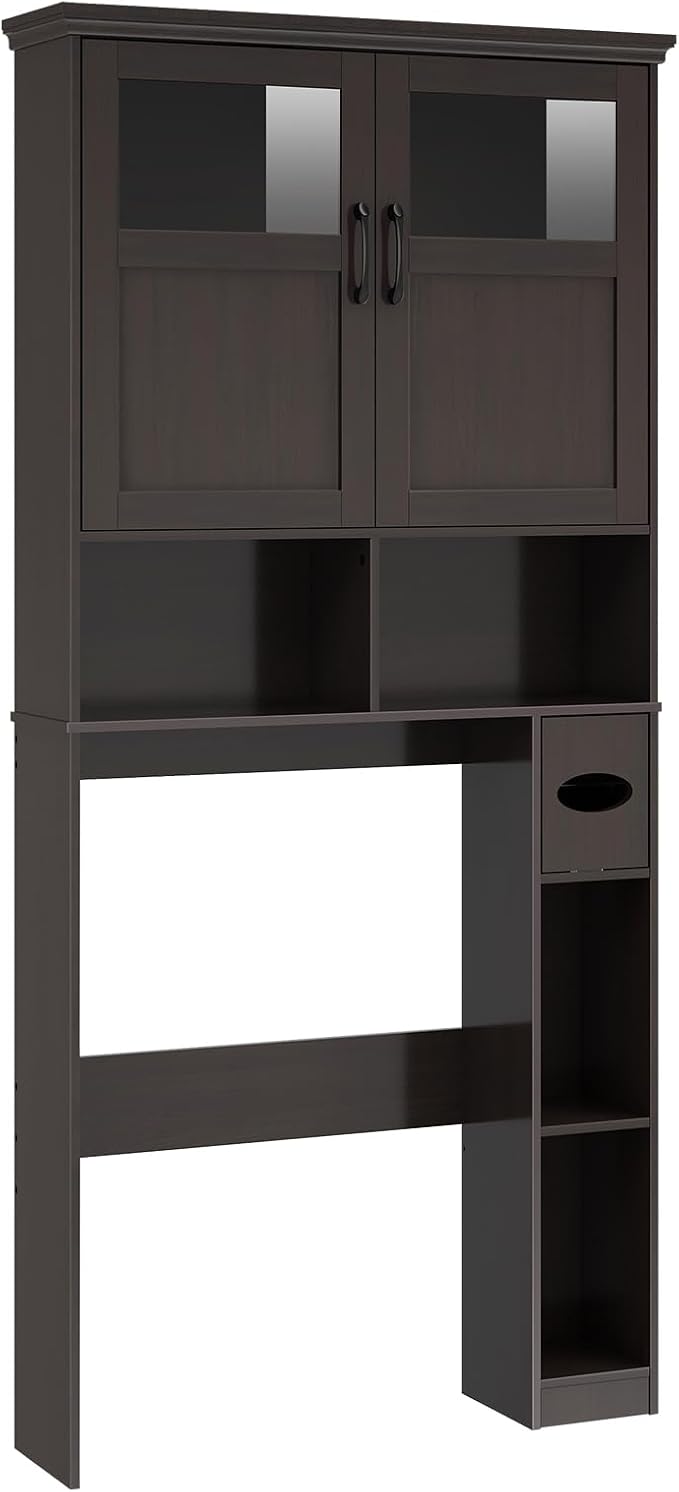 Over The Toilet Storage Cabinet, Storage Cabinet Over Toilet with Double Doors & Toilet Paper Holder Stand, Freestanding Toilet Shelf Space Saver with Anti-Tip Design & Adjustable Shelf, Espresso