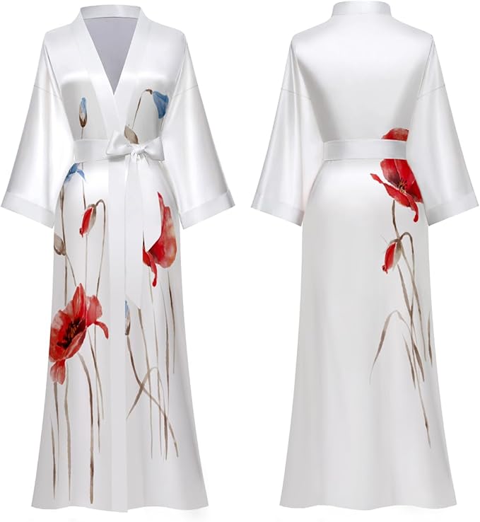 Silk Satin Robe for Women Long Japanese Kimono Robe Lightweight Soft Bathrobe Floral Luxury Dressing Gown
