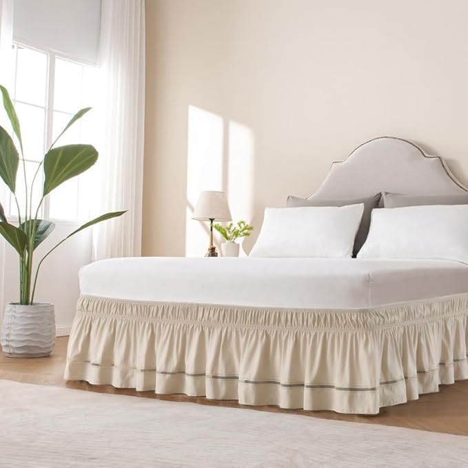 MIYE Wrap Around Ruffled Lace Bed Skirt, Elastic Dust Ruffle with Adjustable Belts, Easy to Put On, Bed Frame Cover, Machine Washable (Ruffled Lace/Beige, King/Queen-15 Drop)