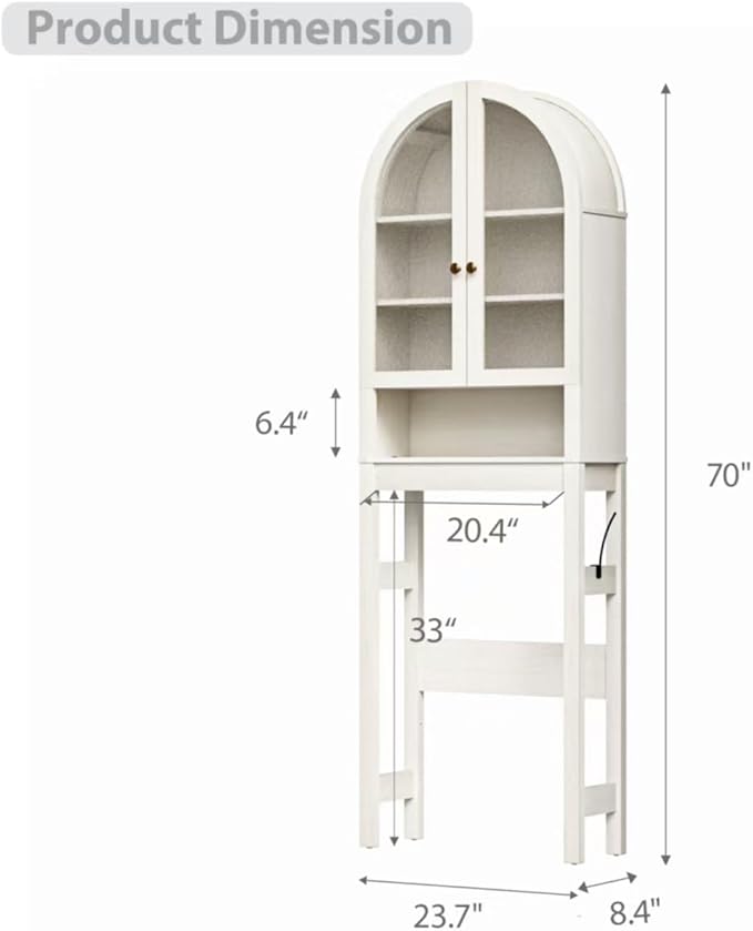 Over The Toilet Storage Cabinet, 23.7”W Modern Storage Cabinet Over Toilet with Acrylic Doors, Arched Freestanding Over Toilet Rack with Adjustable Shelf for Bathroom, Antique White