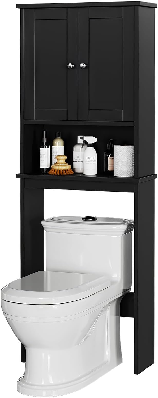 Meilocar Over The Toilet Storage Cabinet for Bathroom, Black Bathroom Over Toilet Cabinet Freestanding Storage Organizer, Space Saver with Doors and Adjustable Shelf, Black
