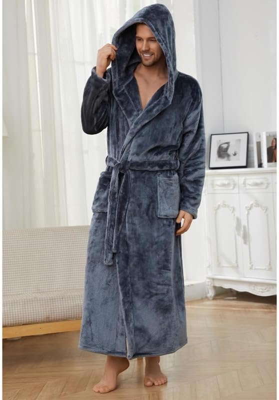 U2SKIIN Mens Robe with Hooded, Full Length Thickened Plush Robe Big and Tall Bathrobe