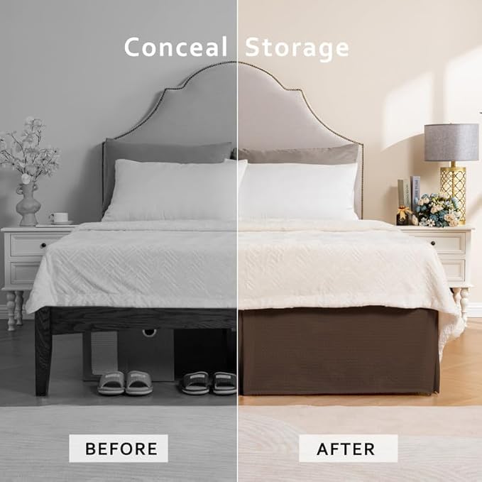 MIYE Pleated Waffle Weave Bed Skirt, Tailored Dust Ruffle 16 Inch Drop Easy Fit, Machine Washable (Brown, Queen - 16" Drop)