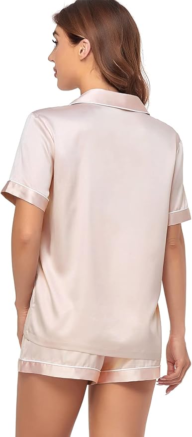 Women's Satin Pajama Set 2-Piece Sleepwear Loungewear Button Down Short Sleeve Silky PJ Set