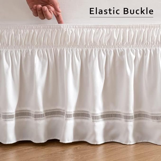 MIYE Wrap Around Ruffled Lace Bed Skirt, Elastic Dust Ruffle with Adjustable Belts, Easy to Put On, Bed Frame Cover, Machine Washable (Ruffled Lace/White, King/Queen-18 Drop)